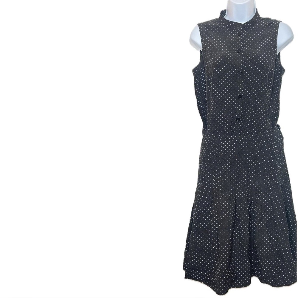AKRIS - Black & White Dot Silk Dress w/ Attached Pleated Wrap Skirt Size 16